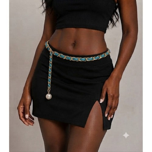 Leather Thread Chain Belt in Sky Blue