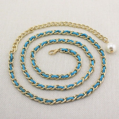 EVFVN6EV9Q2 Leather Thread Chain Belt in Sky Blue