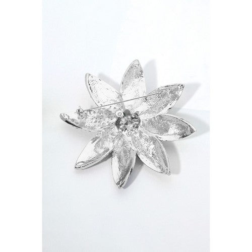 Oversize Rhinestone Flower Pin Brooch in Silver