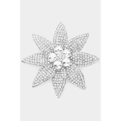 BR1392 Oversize Rhinestone Flower Pin Brooch in Silver