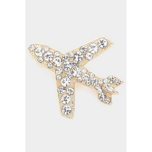 BR1509 Rhinestone Airplane Pin Brooch in Gold