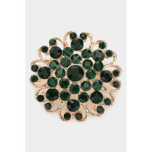 BR0639 Rhinestone Floral Pin Brooch in Gold & Dark Green