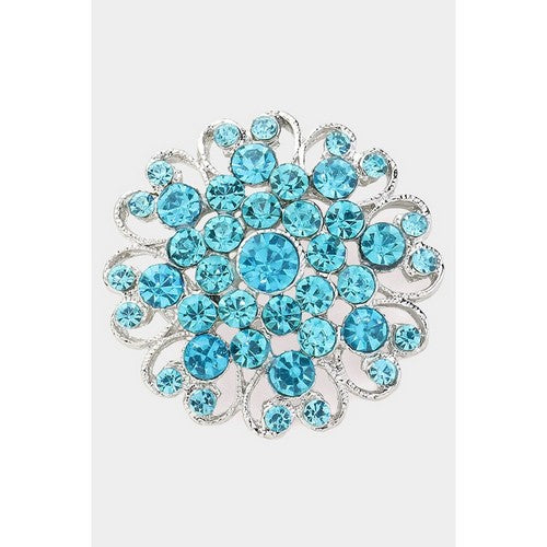 BR0639 Rhinestone Floral Pin Brooch in Silver & Blue 