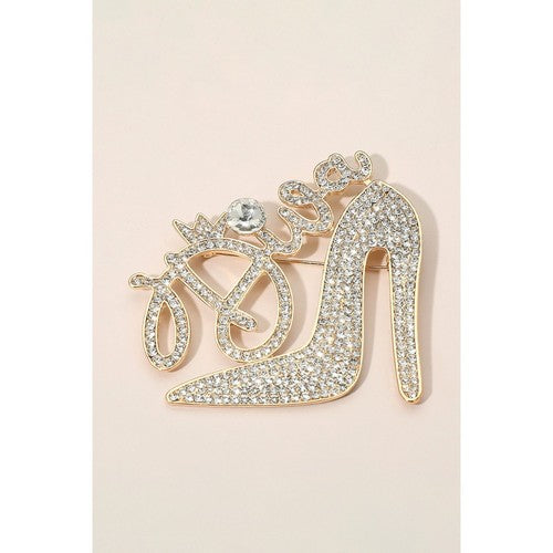 BR1608 Diva High Heel Oversize Rhinestone Pin Brooch in Gold