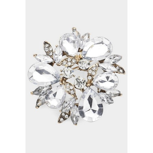 BR1124 Glass Crystal Teardrop Wreath Pin Brooch in Gold & Clear Crystal
