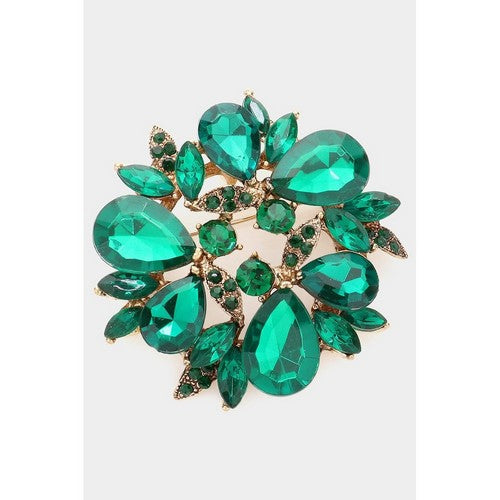 BR1124 Glass Crystal Teardrop Wreath Pin Brooch in Gold & Emerald Green
