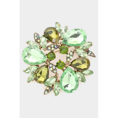 BR1124 Glass Crystal Teardrop Wreath Pin Brooch in Gold & Green