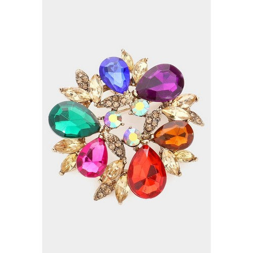 BR1124 Glass Crystal Teardrop Wreath Pin Brooch in Gold & Multi