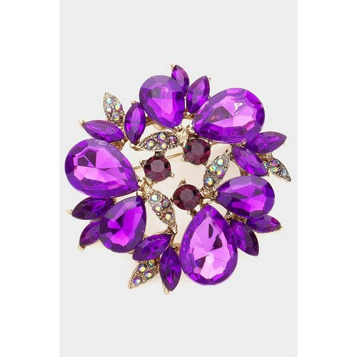 BR1124 Glass Crystal Teardrop Wreath Pin Brooch in Gold & Purple