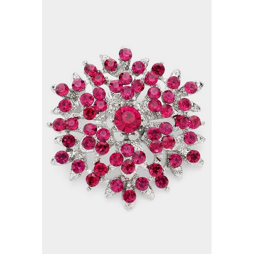 BR0617 Crystal Snowflake Pin Brooch in Silver & Fuchsia