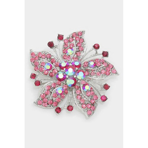 BR06398 Flower & Leaf Crystal Pin Brooch in Silver & Pink