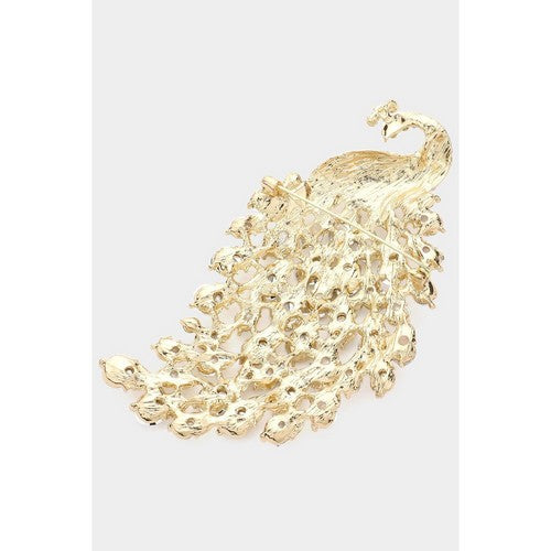 BR06750 Peacock Rhinestone Brooch in Gold