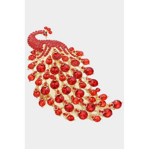 BR06750 Peacock Rhinestone Brooch in Gold & Red