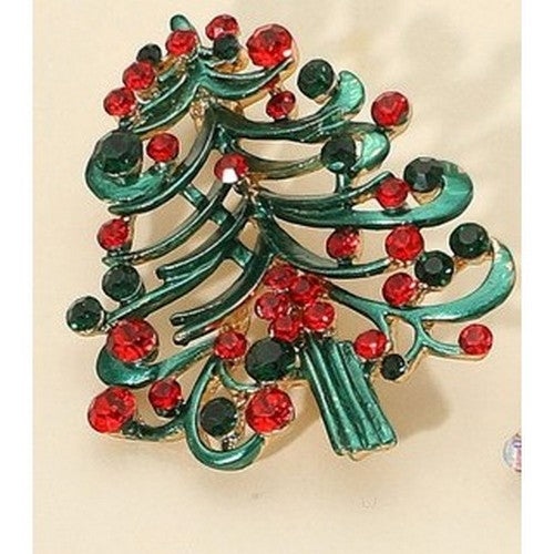 Rhinestone Christmas Tree Green Brooch in Red Crystal