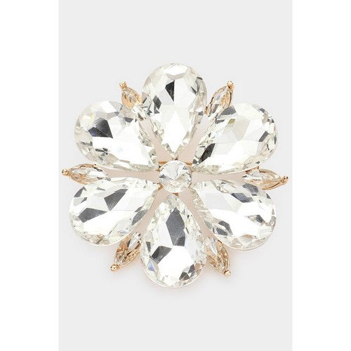 BR1468 Teardrop Stone Accented Flower Pin Brooch in Gold & Clear Crystal