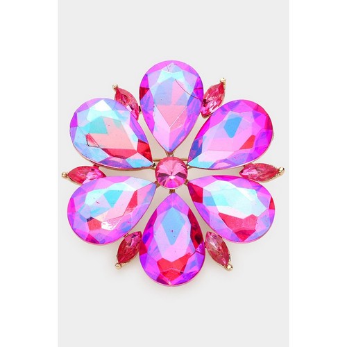 BR1468 Teardrop Stone Accented Flower Pin Brooch in Gold & Fuchsia