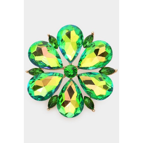 BR1468 Teardrop Stone Accented Flower Pin Brooch in Gold & Kelly Green