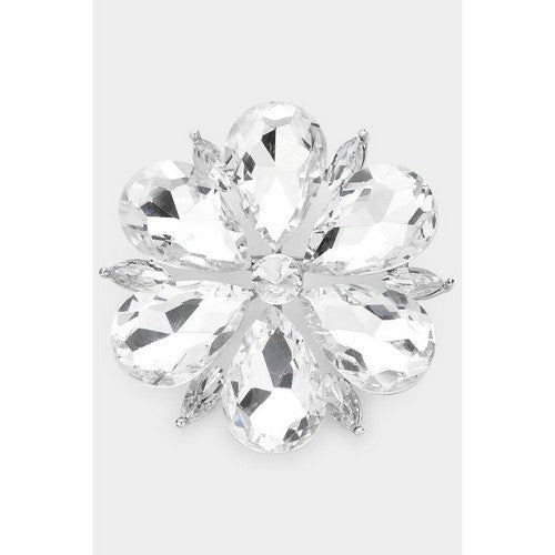 BR1468 Teardrop Stone Accented Flower Pin Brooch in Silver & Clear Crystal