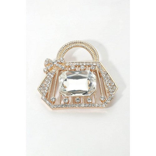 BR1600 Rhinestone Embellished Handbag Pin Brooch in Gold & Clear Crystal