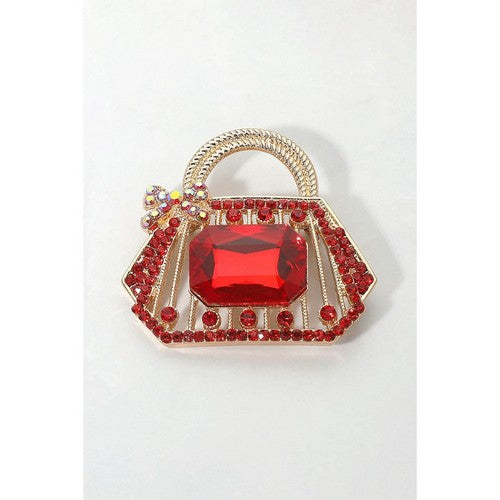 BR1600 Rhinestone Embellished Handbag Pin Brooch in Gold & Red
