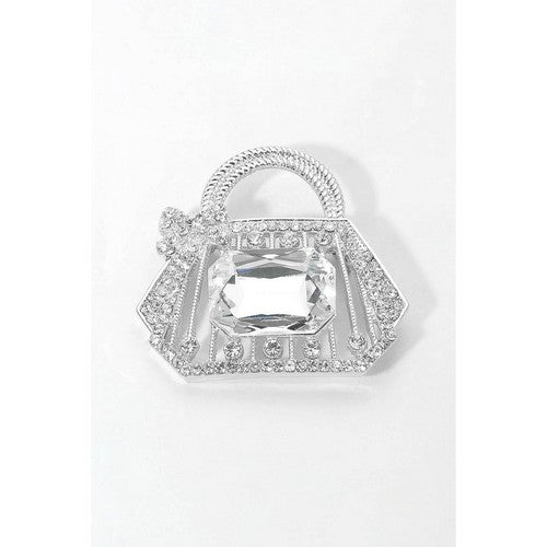 BR1600 Rhinestone Embellished Handbag Pin Brooch in Silver & Clear Crystal