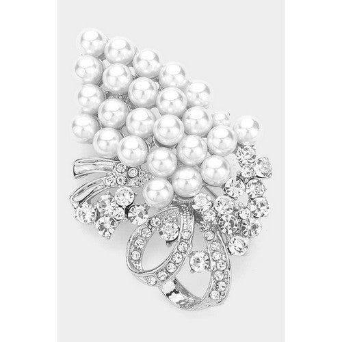 BR06763 Pearl Grape Pin Brooch in Silver & White