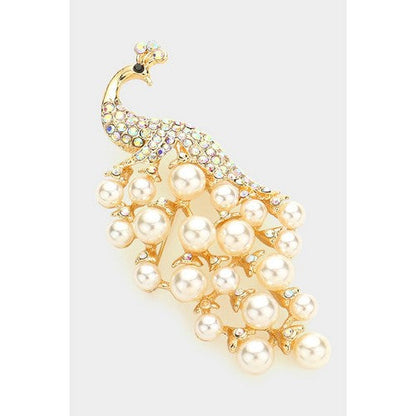 Pearl Rhinestone Peacock Pin Brooch in Gold