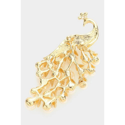 Pearl Rhinestone Peacock Pin Brooch in Gold