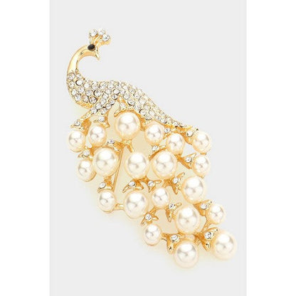 BR06742 Pearl Rhinestone Peacock Pin Brooch in Gold