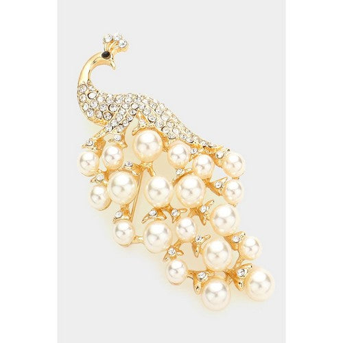BR06742 Pearl Rhinestone Peacock Pin Brooch in Gold
