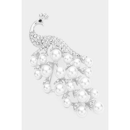 Pearl Rhinestone Peacock Pin Brooch in Silver