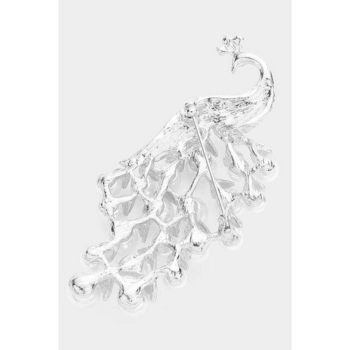 Pearl Rhinestone Peacock Pin Brooch in Silver