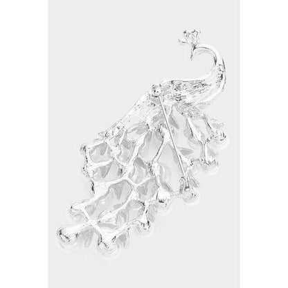 Pearl Rhinestone Peacock Pin Brooch in Silver
