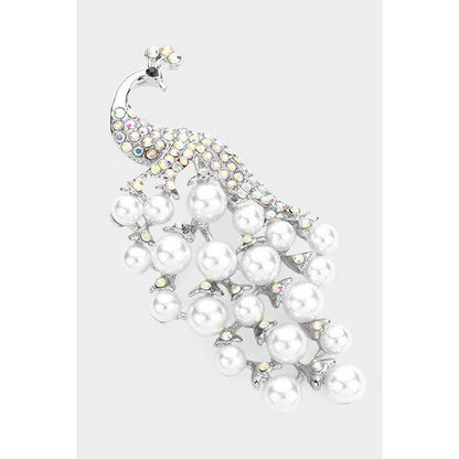BR06742 Pearl Rhinestone Peacock Pin Brooch in Silver