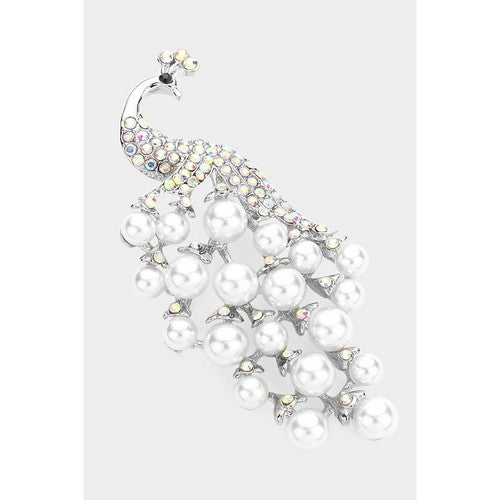 BR06742 Pearl Rhinestone Peacock Pin Brooch in Silver