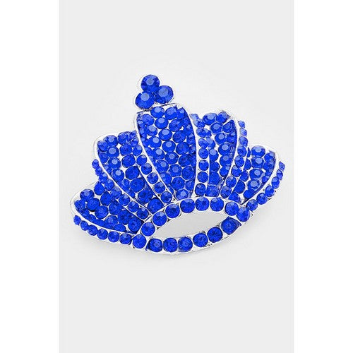 BR06420 Rhinestone Crown Pin Brooch in Silver & Royal Blue