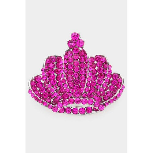BR06420 Rhinestone Crown Pin Brooch in Silver & Fuchsia