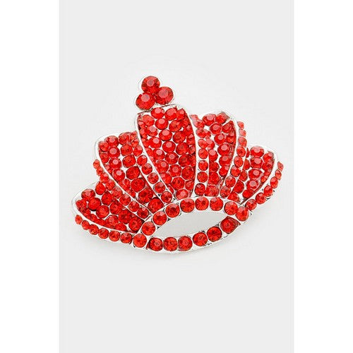 BR06420 Rhinestone Crown Pin Brooch in Silver & Red