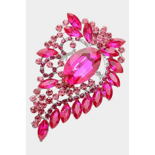 BR06740 Oval Stone Accented Bouquet Pin Brooch Pendant in Silver & Fuchsia