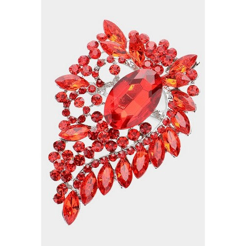 BR06740 Oval Stone Accented Bouquet Pin Brooch Pendant in Silver & Red