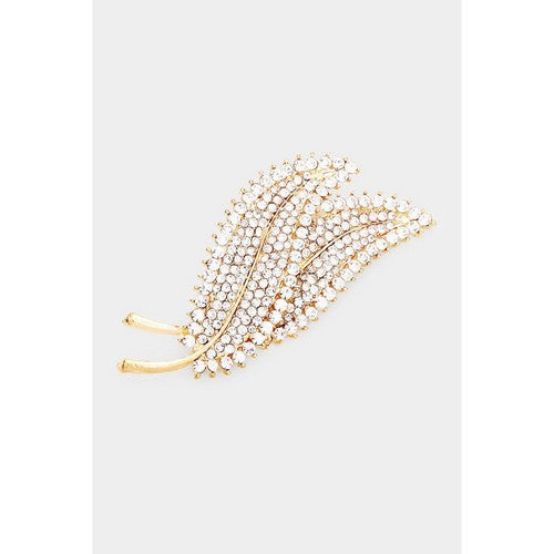 BR06100 Rhinestone Pave Double Leaf Brooch in Gold