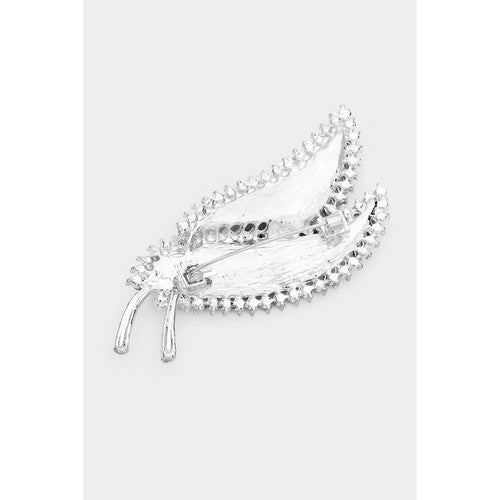 Rhinestone Pave Double Leaf Brooch in Silver