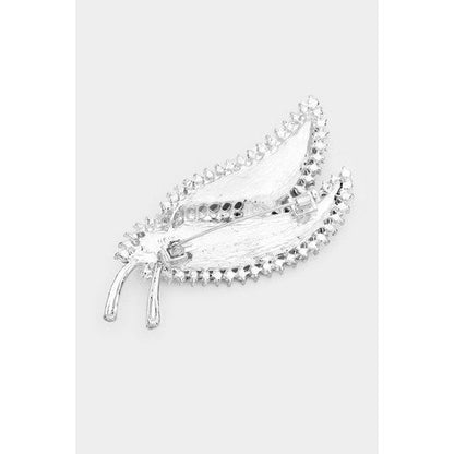 Rhinestone Pave Double Leaf Brooch in Silver