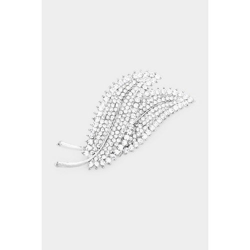 BR06100 Rhinestone Pave Double Leaf Brooch in Silver 