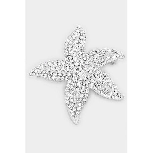 BR06507 Rhinestone Starfish Pin Brooch in Silver 