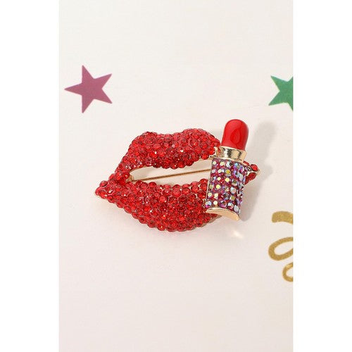 BR1537 Bling Studded Lip & Lipstick Pin Brooch in Gold & Red