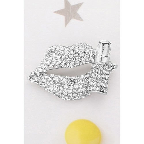 BR1537 Bling Studded Lip & Lipstick Pin Brooch in Silver 
