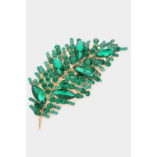 BR06746 Marquise Stone Accented Leaf Pin Brooch in Gold & Emerald Green