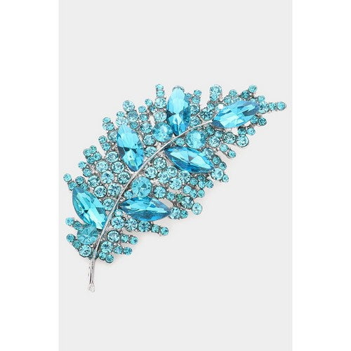 BR06746 Marquise Stone Accented Leaf Pin Brooch in Silver & Blue