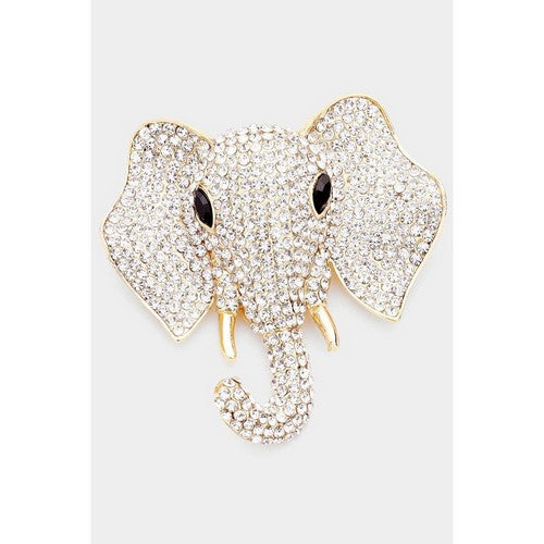 BR1378 Elephant Face Giant Rhinestone Pin Brooch in Gold & Clear Crystal